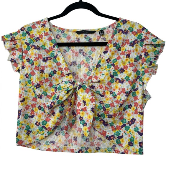 Vero Moda Floral Front Tie Ruffle Cropped Top Size Large Short Sleeve Kn… - Picture 1 of 4